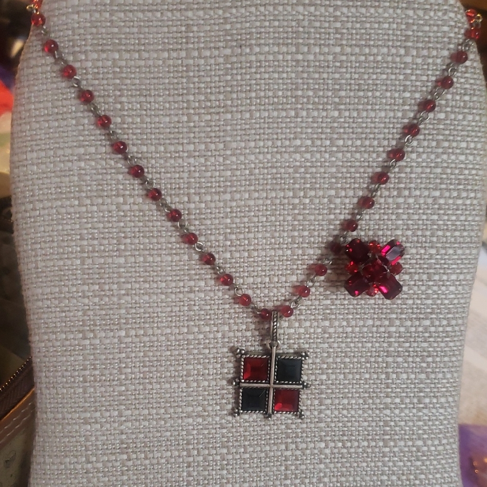 Napier Red and Black Geometric Pendant Necklace & added Brooch